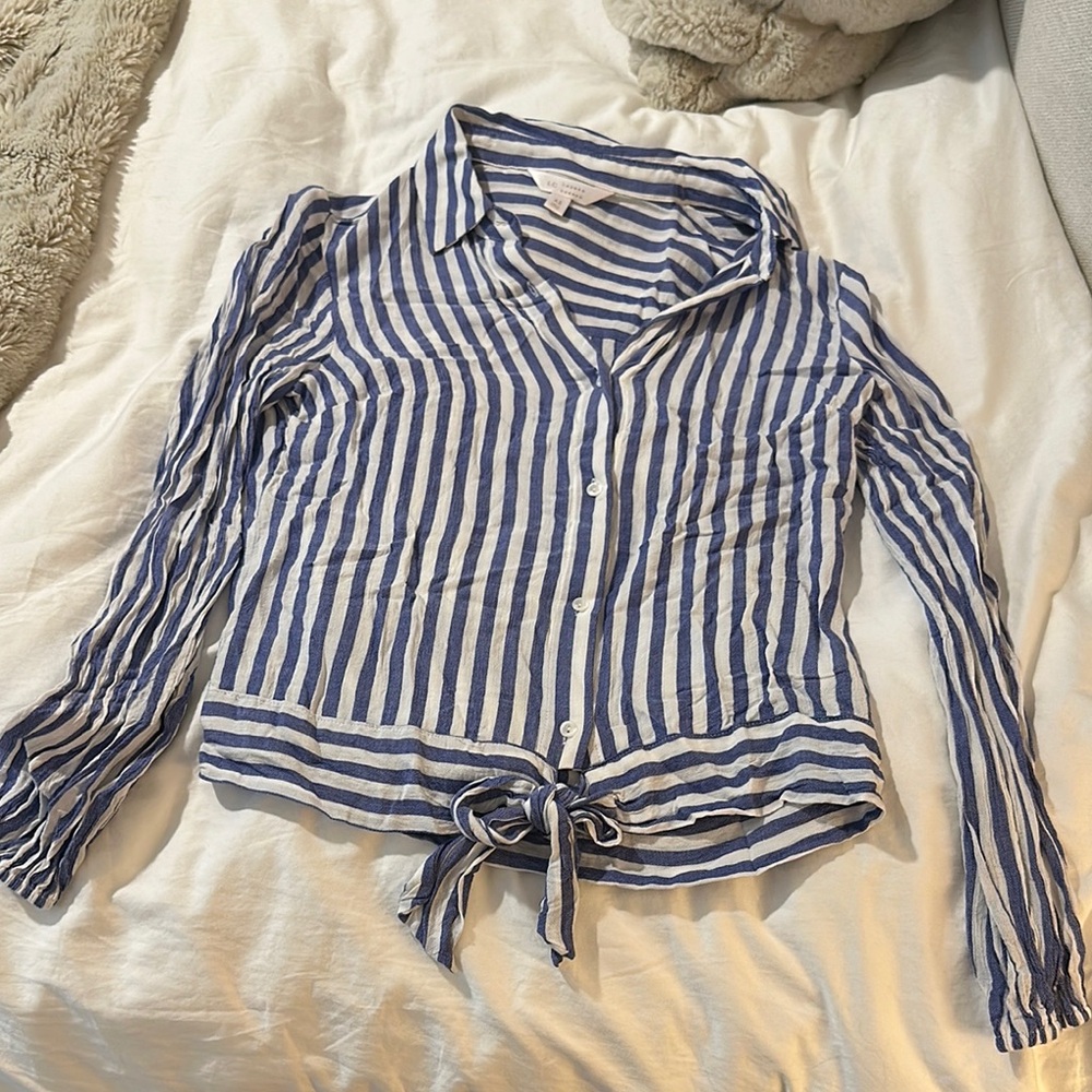 LC Lauren Conrad Blue and White Long Sleeve Notched Collar Shirt